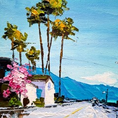 California Palm Trees Oil Painting Original Coastal Road Wall Art Unframed 6х6