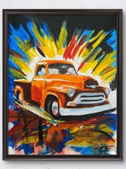 Orange Vintage Pickup Truck Hot Rod Original Art 14×11 Canvas