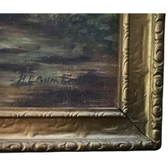 1912 Painting B – Water Boat w Man Stone Bridge Clouds Landscape Low Light 20×10