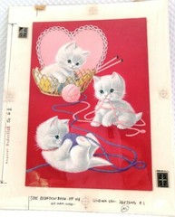Cats Vintage hand-drawn picture Three kittens playing with balls of yarn Cute
