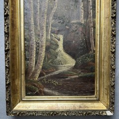 Antique oil on canvas of forest and stream in carved gilt frame