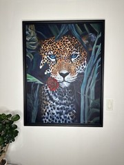 Framed Original Jaguar Oil Painting on Canvas Hand Painted Large 32 by 42 In