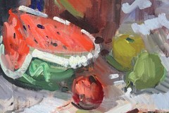 22×28 Mid Century Vintage Oil Painting Still Life Fruit Watermelon Wine Bottle