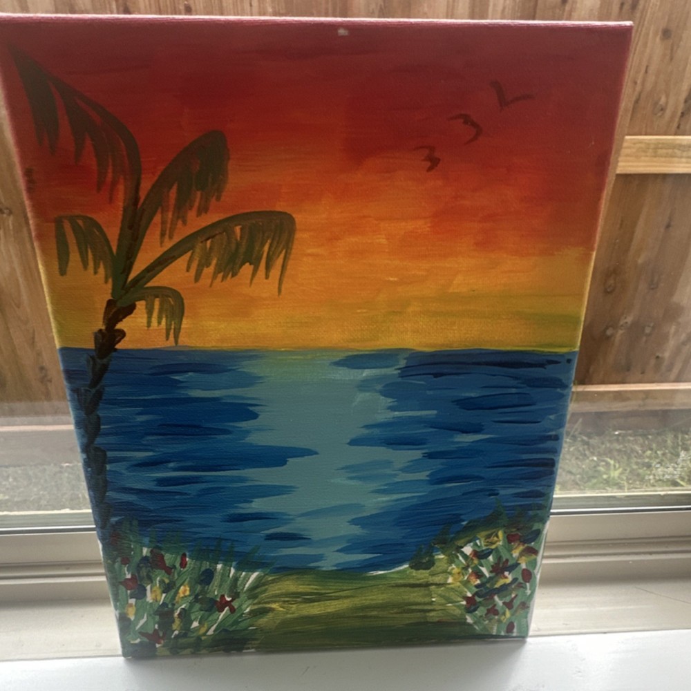 Original Seascape Canvas Painting Sunset Ocean Palm Tree, Unframed