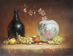Original Oil Painting Still Life Realism Chinese Pot w Floral Fruit 18×24 Z.Li