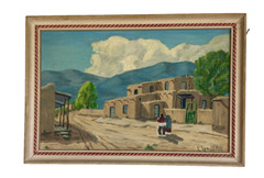 Vtg Framed Original Oil Painting, New Mexico Village Street Scene, L Langston