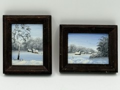 Vintage Miniature Winter Snow Landscape Oil Painting With Cabins