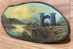 Live Edge Wood Slab Painting French Castle Lake Bridge Landscape 15” Vintage