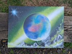 The Emerald Comet 12×16 Spray Art on Canvas. Original Work. Signed.