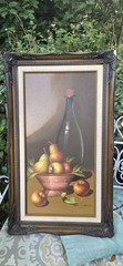 Vintage Oil Painting Still Life Fruit, Wine Copper Bowl Framed Brown Background