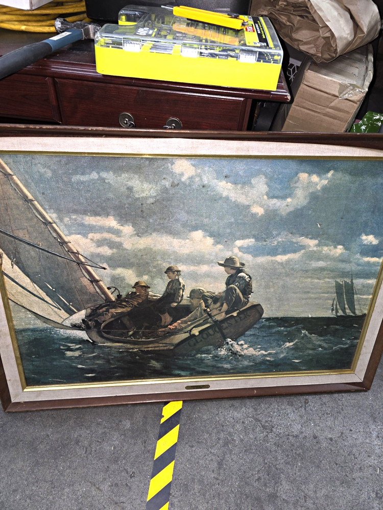 Framed Realism Nautical Seascape Painting Sailboats & Men, United States