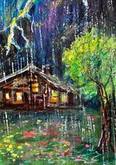ACEO Original CABIN Summer Rain House Tree PAINTING Storm Flowers Landscape ART