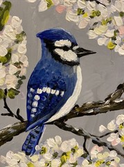 Blue Jay Bird Oil Painting Original Ukraine Cottage Core 7.75” X 6”