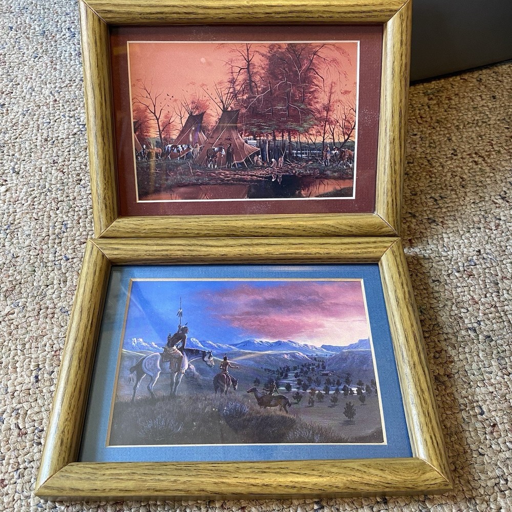 Indian Settlement Art Print Decor Native American Camp Riding Horse Lot Of 2