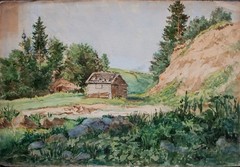 Hilly Landscape with Cabin Impressionism Watercolor Unsigned Circa 1890
