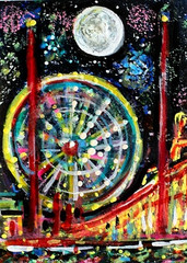 ORIGINAL ACEO Painting Ocean City FERRIS WHEEL Carnival Ride Summer Fun ATC ART