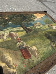 Large Antique Original Oil ? Tapestry Painting Farm Landscape 43”Wx30”Tall