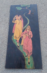 Vintage Painting On Wood Original Hand Painted Women Walking with Water