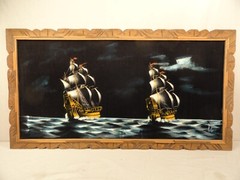 VTG SAILING GHOST SHIPS PAINTING BLACK VELVET FELT WALL ART MID CENTURY MODERN