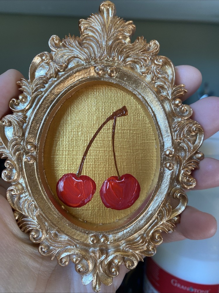 Cherry Berry Original Painting On Paper,miniature,small,gold,framed