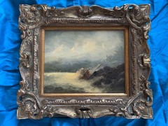 Dutch Oil Painting J. Redert Stormy Seascape Sailboat on the Rocks Early 1900’s