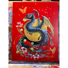 ORIGINAL Dragon painting snake art peacock fowl surrealism fantasy Artwork USA
