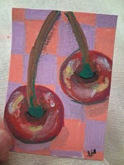 ACEO Art Card Original , Ooak, Aceo Art, CHERRIES, food Art, SunflowerandBlue