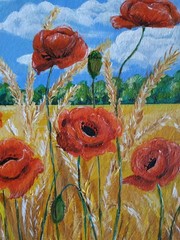 painting Field with red poppies and ears of wheat.  trees, blue sky, white cloud