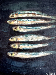 Original Oil Painting Fish Sardine Coastal Nautical Wall canvas Art Signed 8×6