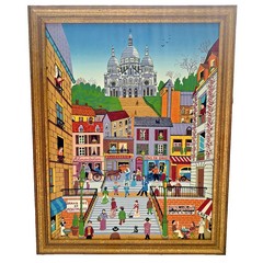 Vintage 1950’S Colorful Painting of Paris Street Scene Sacré-Cœur