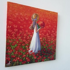 Original Oil Portrait Painting Woman Red Poppy Field Summer Canvas Art Romantic
