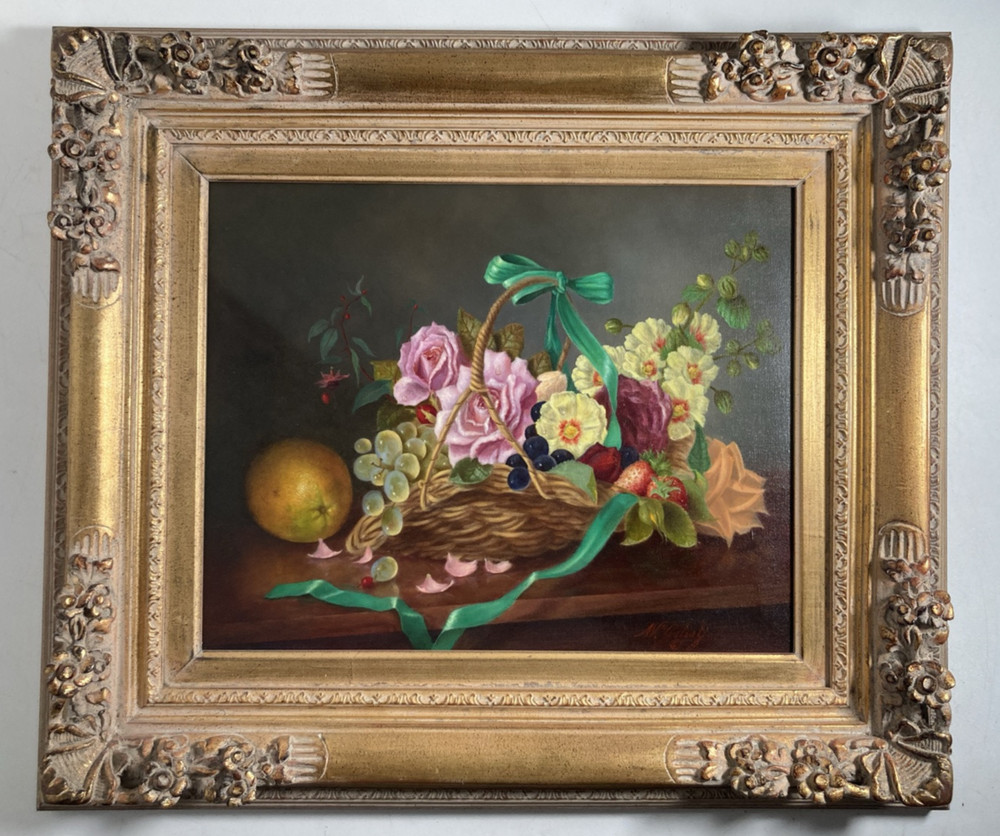 Vintage Original Oil Painting Fine Still Life Basket of Flowers and Fruit Signed