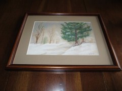 Framed Signed Hartman WINTER LANDSCAPE Original WATERCOLOR PAINTING-13″ x 10.25″
