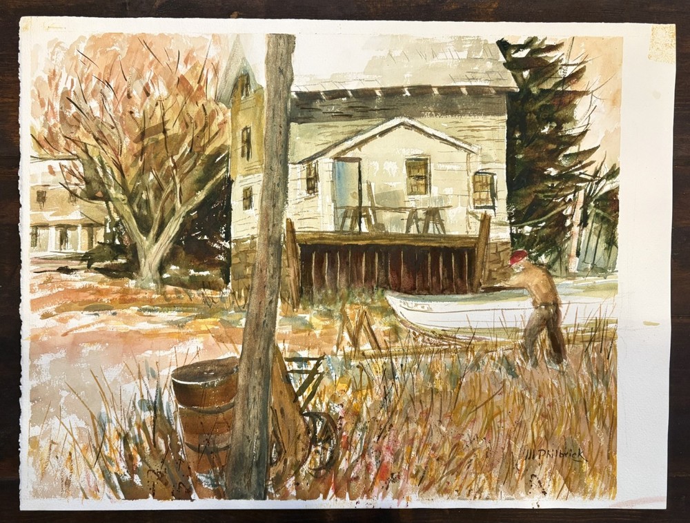 Autumn Waterfront Cottage Watercolor, by Margaret Philbrick | Original, Signed
