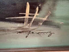 Vintage Mid Century Harbor Oil Painting Signed W. Young MCM Canvas Framed Large