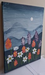 Signed Acrylic Painting, Abstract Mountain Flowers Blooming at Night, 16x20inch