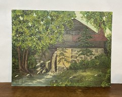 Vtg Oil Painting of Old House with Water Wheel Gristmill on Canvas Panel 12″X16″