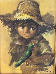 Big-Eyed Boy with Parrot Oil Painting by Salvador Cabrera Signed 1971 Vintage