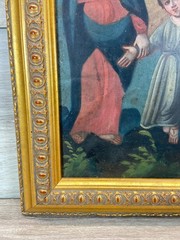 Antique Mexican Retablo Holy Family Jesus Mary Joseph c1850 Oil on Tin Folk Art