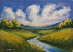 Original Painting River Landscape Hills Clouds 5×7 Acrylic Modern Wall Art
