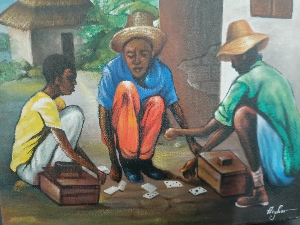 Original Haiti Painting CARD PLAYERS acrylic On Canvas Artist Archer 8″x10″ NEW