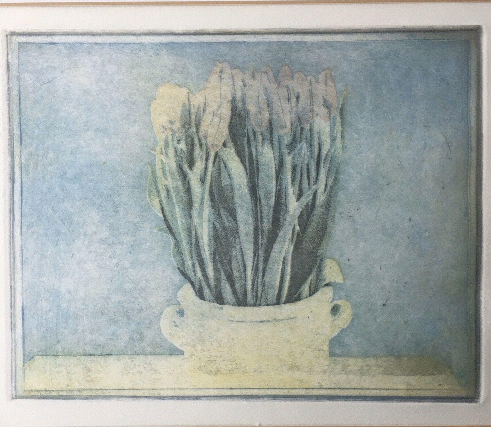Cheerful Boris 1947-2024 Tulips in Flower Pot Handle Pot Blue