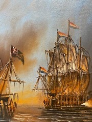 Hungryartist -Original Oil Painting of Colonial Battleship on Canvas 12×16