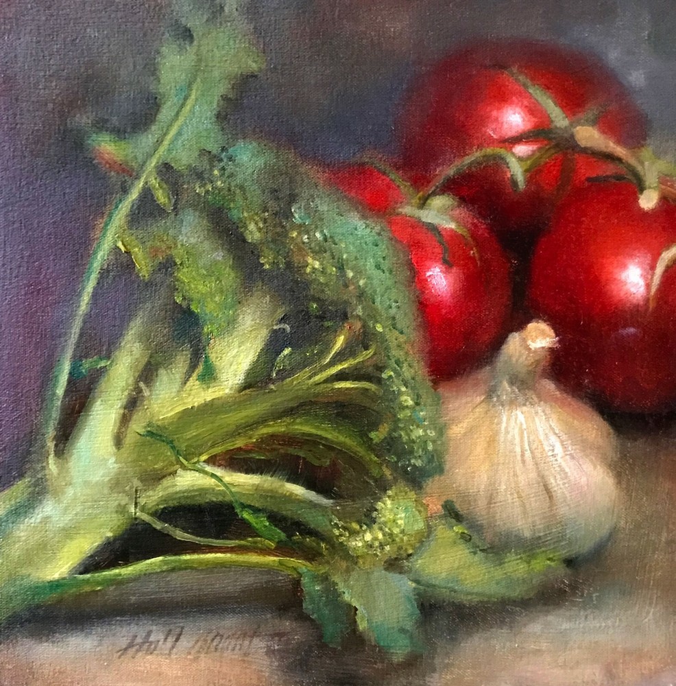 Broccoli, Garlic & Tomatoes 12×12 in. Oil on stretched canvas HALL GROAT II