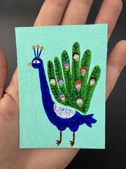 Original ACEO Painting, Cute Decorated Blue Peacock, 2.5″ X 3.5″ Handmade Card