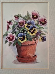 Framed & Matted Watercolor PANSY BOUQUET Artist Signed 11×9 Peggy Abrams
