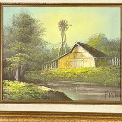 VNTG Signed Illegible Farmhouse With Windmill Framed Landscape Oil Painting &COA