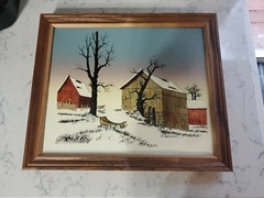 H. Hargrove Wood Framed Oil Painting Winter Snow Old Barn Sled Tree 12 x 10