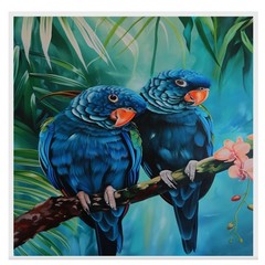 Blue Parrot Pair Art with Tropical Leaves Flat Rolled, Framed or Wrapped Canvas