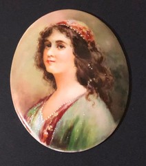 Miniature Portrait Lady Hand Painted Civil War Period Brooch Victorian Brooch